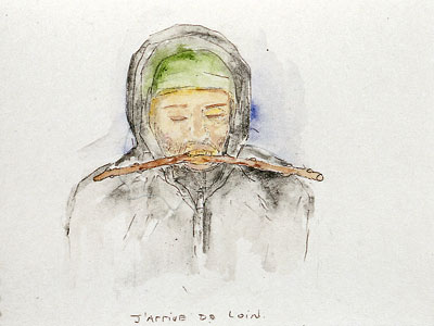 Watercolour of hooded figure with stick in his mouth