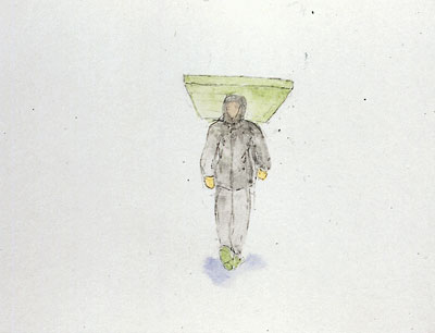 Watercolour of hooded figure walking carrying a mattress on his head