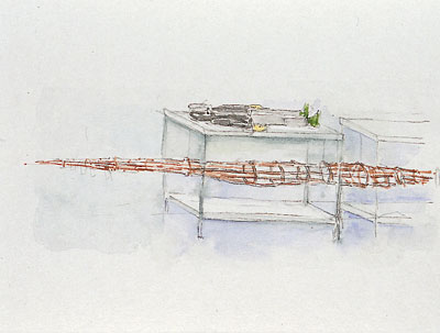 watercolour of hooded figure lying on bunk beds