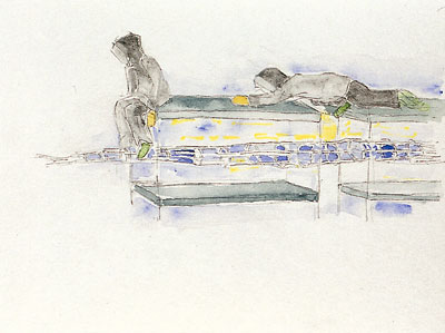 Watercolour of two hooded men on bunk beds