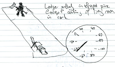 drawing of man carrying a snow shovel, thermometer showing minus 40 and the text 'Lodge entirely in stripped pine except ceiling of living room in cork'