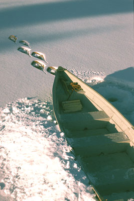 prow of boat with snow shoes