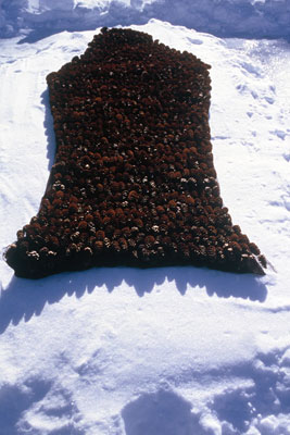 human shape constructed from pine cones on a bed of snow