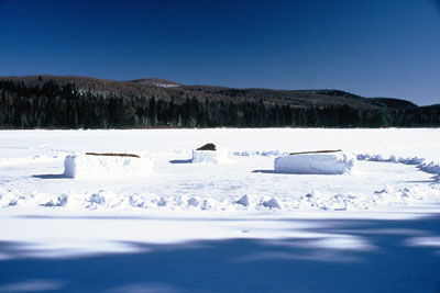 installation in context on frozen lake with forest in background
